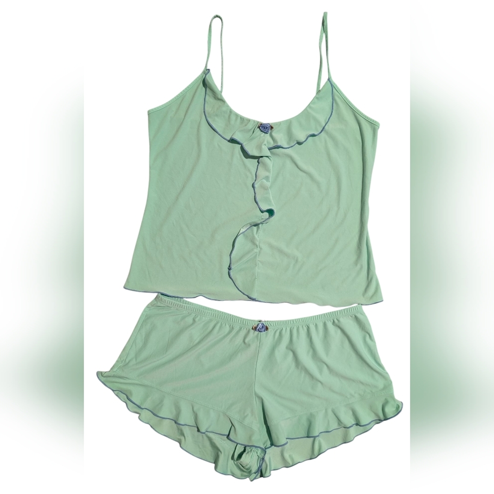 Y2K Bisou Bisou Mint Green Ruffle Tank & Shorts Sleepwear Set | Size M